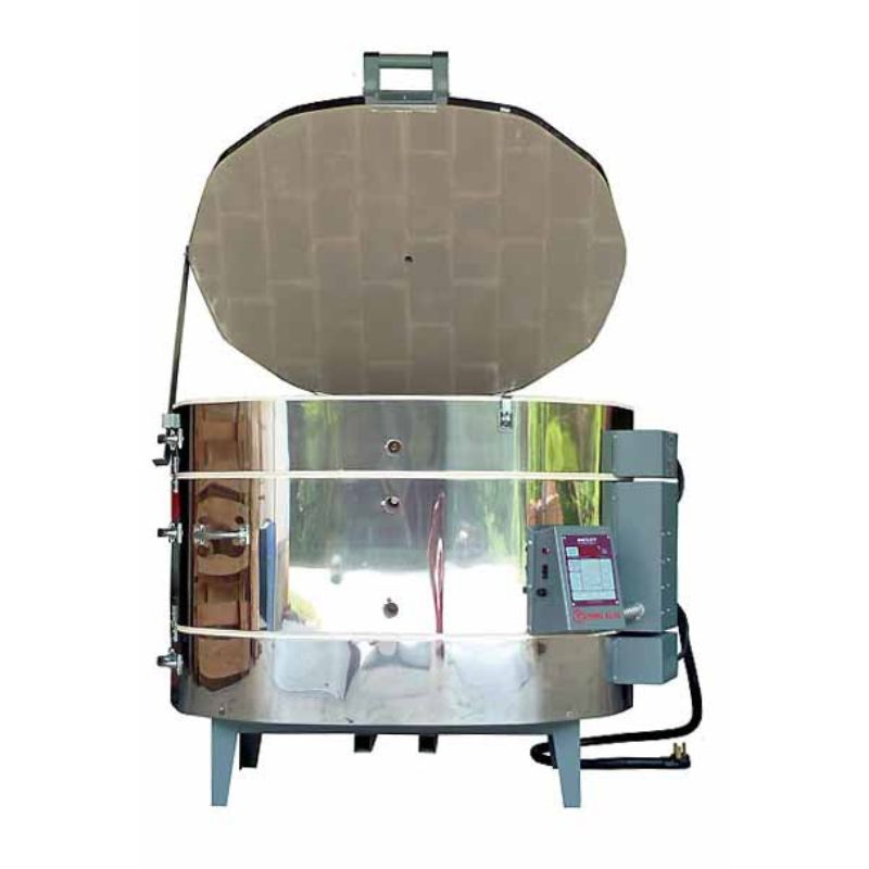 Front-facing view of opened Olympic Kilns 3023HE Oval Electric Kiln, showing temperature controller.