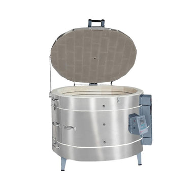 Opened straight-on view of Olympic Kilns 3023HE oval electric kiln with side view of Genesis touchscreen controller