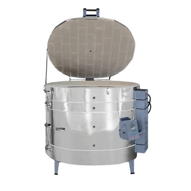 Front view of opened Olympic Kilns 3031HE oval electric kiln showing side view of electrical box and temperature controller