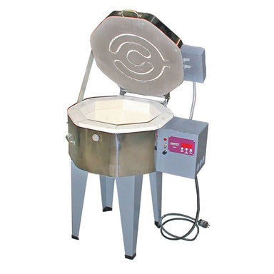 Opened slightly angled Champ Kiln from Olympic Kilns with electrical box and standard 3K-CF controller