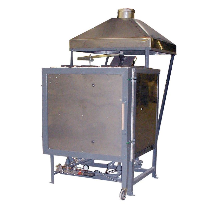 Front view of closed Olympic Kilns large capacity downdraft gas kiln DD12 with steel hood attached to the top.