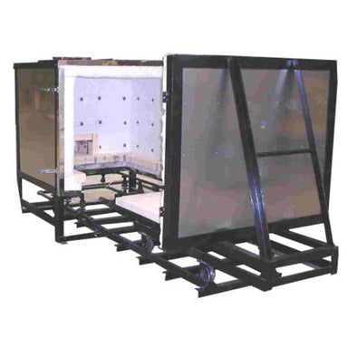 Angled front view of opened Olympic Kilns large capacity downdraft gas kiln - DD14 model - with sliding floor and front door opened and moved down a 6-foot car track.