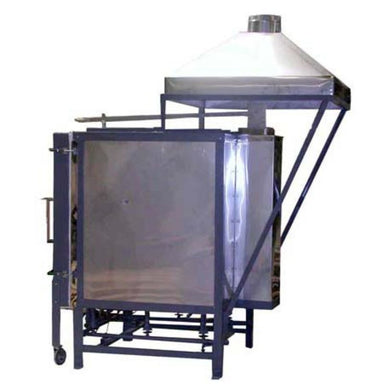 Side and rear view of an Olympic Kilns large capacity downdraft gas kiln - DD14 model showing the attached steel vent hood.