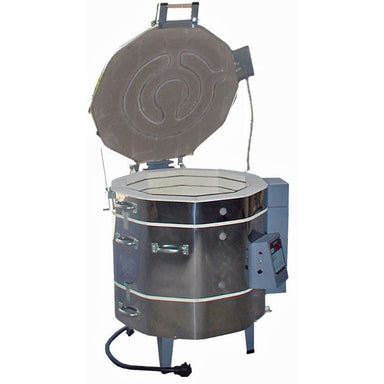 Front-facing, right-angled view of opened Olympic Kilns DM2323HE electric kiln.