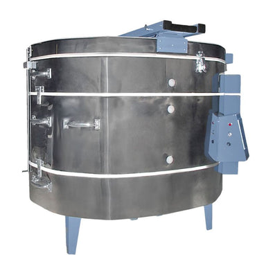 Front-facing,Side view of closed DM2523HE dual-media, electric kiln from Olympic.