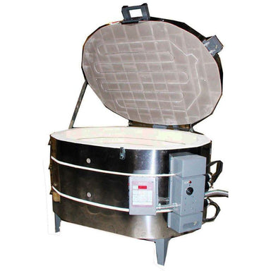 Front-facing, left-angled, opened DM3023HE dual-media, electric kiln from Olympic, also showing the temperature controller.
