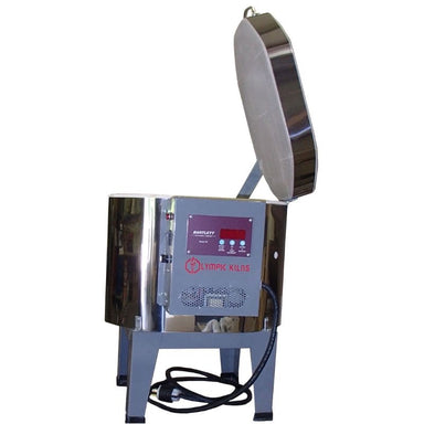 Side view of lid-opened Doll E - Test E Electric Kiln by Olympic Kilns showing Bartlett 3 key cone fire temperature controller