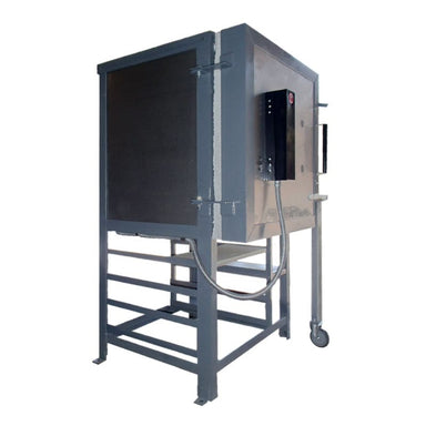 Side view of an Olympic Kilns shelf rack for large capacity units.