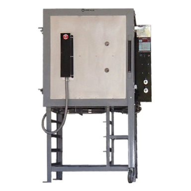 Straight-on view of closed Olympic Kilns FL10E Large Capacity ceramic kiln on shelf rack stand and with electrical box on right side