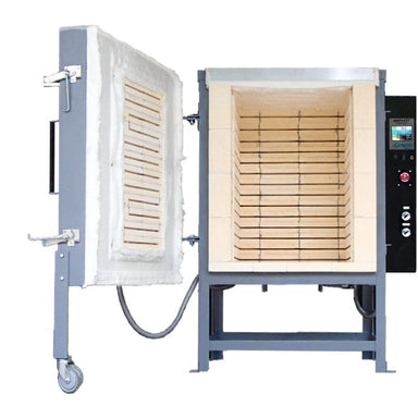 Front view of Olympic Kilns FL12E Large Capacity Kiln on stand with left-hinged door open and with Genesis Touchscreen controller on right.