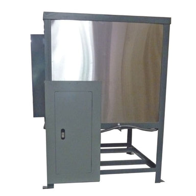 Back side view of Olympic Kilns FL24E Large Capacity Kiln with shelf rack stand and closed dedicated breaker box.