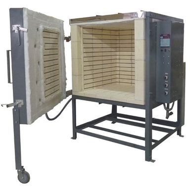 Slightly angled front view of opened Olympic Kilns FL24E Large Capacity Kiln with left-swinging door, shelf rack, caster wheel on door, and electric box-controller on right side of kiln.