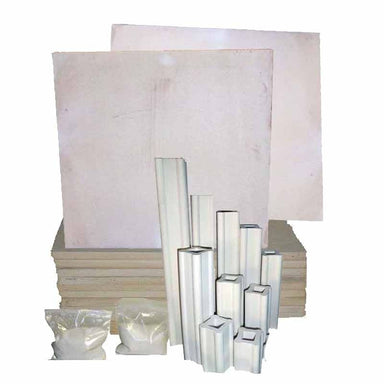 Elements such as shelves, large posts of various heights, and kiln wash that make up the furniture kit for the Olympic Kilns FL27E - FL27E Car - FL31E - and FL31E Car Large Capacity Kilns furniture kit.
