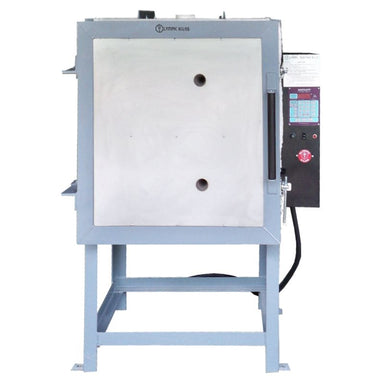 Front-facing view of closed large capacity FL4.5E Olympic Kiln on stand with electrical box on right side