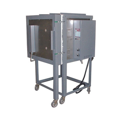 Left-angled view of close right-swing door on large capacity FL8E Olympic Kiln on stand with casters and with electrical box on right side