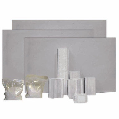 Elements of a furniture kit customized for Olympic Kilns FL42E and FL42E Car Kilns, including large rectangle shelves and square posts of various lengths, plus bags of kiln wash.