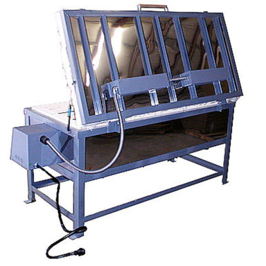 Rear view of a large capacity Olympic Kilns GF15E glass fusing kiln on a large metal stand with the top-loading lid opened.
