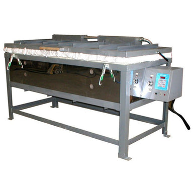 Front, left-angled view of a closed large capacity Olympic Kilns GF17E glass fusing kiln on a large metal stand.