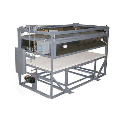 Front, right-angled view of opened large capacity Olympic Kilns GF32E BELL within its heavy angle iron frame.