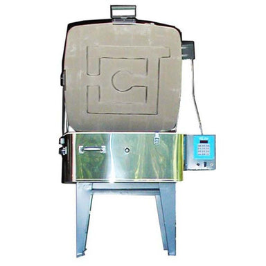 Front view of top-loading lid opened on the Olympic Kilns GF3E electric glass firing kiln sitting on a metal stand and showing electrical box-controller on the right side.