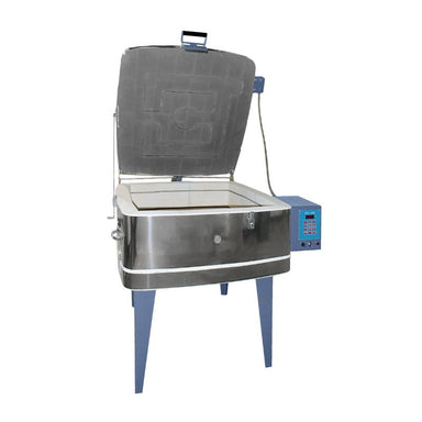 Front view of lid opened on an Olympic Kilns GF5E square electric glass firing kiln, sitting on a metal stand and with the electrical box-controller on the right side.