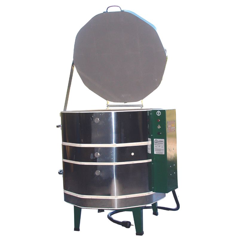 Product photo of Olympic Kilns MAS2323HE electric kiln with lid opened and solid green electronic controller box.