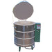 Product photo of Olympic Kilns MAS2327HE electric kiln with lid opened and solid green electronic controller box.