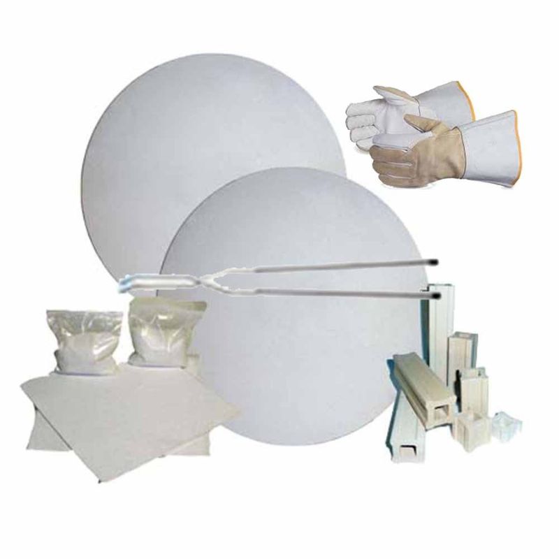 representative image for Raku and TopHat series kiln furniture kits from Olympic Kilns, with shelves, posts, kiln wash, tongs, and heavy-duty gloves