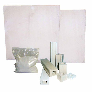 Image of all elements in the Olympic Kilns SQ169HE kiln furniture kit: 2 each – 15″ x 15″ square shelves, various sized small square posts, and 1 lb bag of kiln wash.
