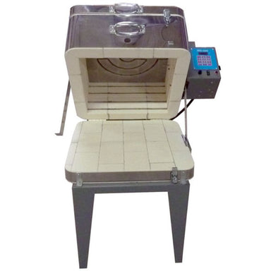 Front view of opened clamshell-loading lid of the Square 1414GFETLC glass firing kiln.