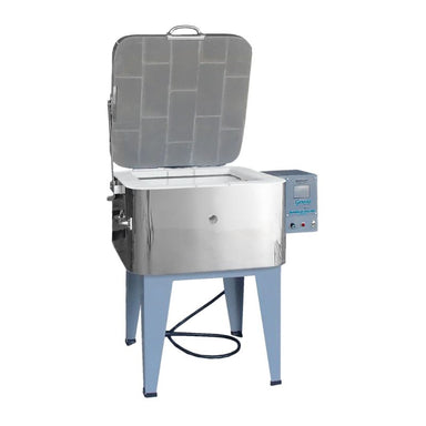 Front-facing, right-angled, lid-opened Olympic Kilns SQ169HE Test Kiln, showing the Genesis Touchscreen controller.
