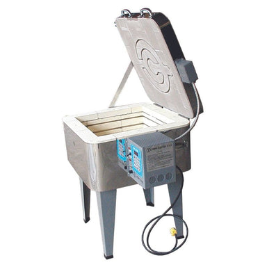 Side facing view of opened Olympic Kilns Square 186GFE Electric Kiln with view of Controller and electrical cord