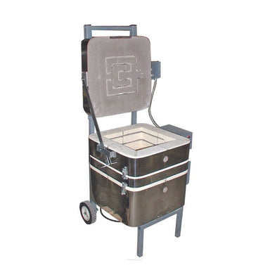 Right-angled front-view of lid-opened Traveler 120v Electric Kiln from Olympic Kilns