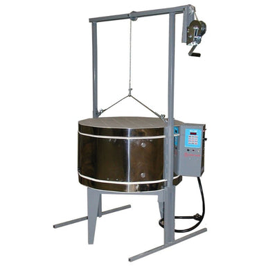 Angled closed TopHat 2814E raku-style electric kiln from Olympic Kilns, also showing the temperature controller