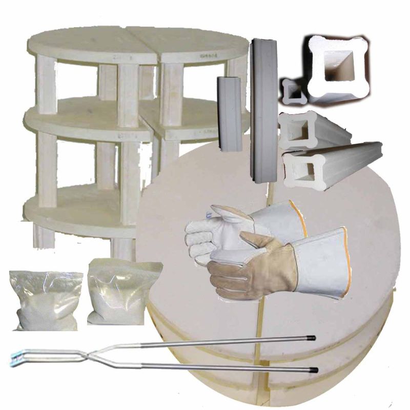 Elements included in the 23-inch Raku gas-updraft furniture kit from Olympic Kilns, such as shelves, posts, wash, tongs, and heavy duty gloves.