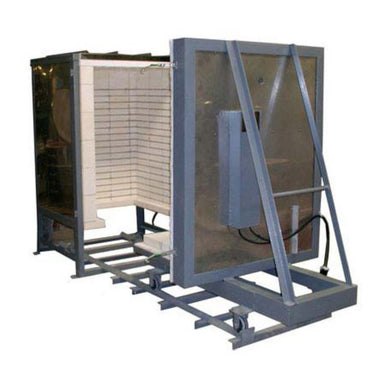 Front angled view of Olympic Kilns FL12E Car Kiln with kiln door removed from kiln on 6-foot track allowing partial view of 12-cubic foot firing chamber