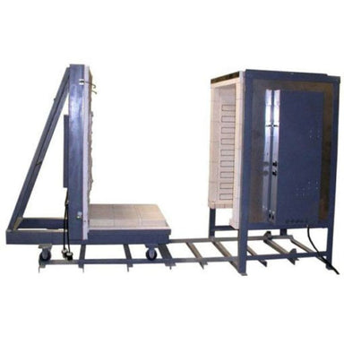 Side view of opened Olympic Kilns FL17E Car Kiln with floor and door moved down 6-foot track to the left and 17-cubic-foot kin on right