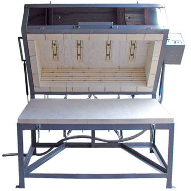 Front view of opened clamshell lid on a large scale Olympic Kilns GF10E glass fusing kiln on stand with casters and electrical box-controller on the right side.