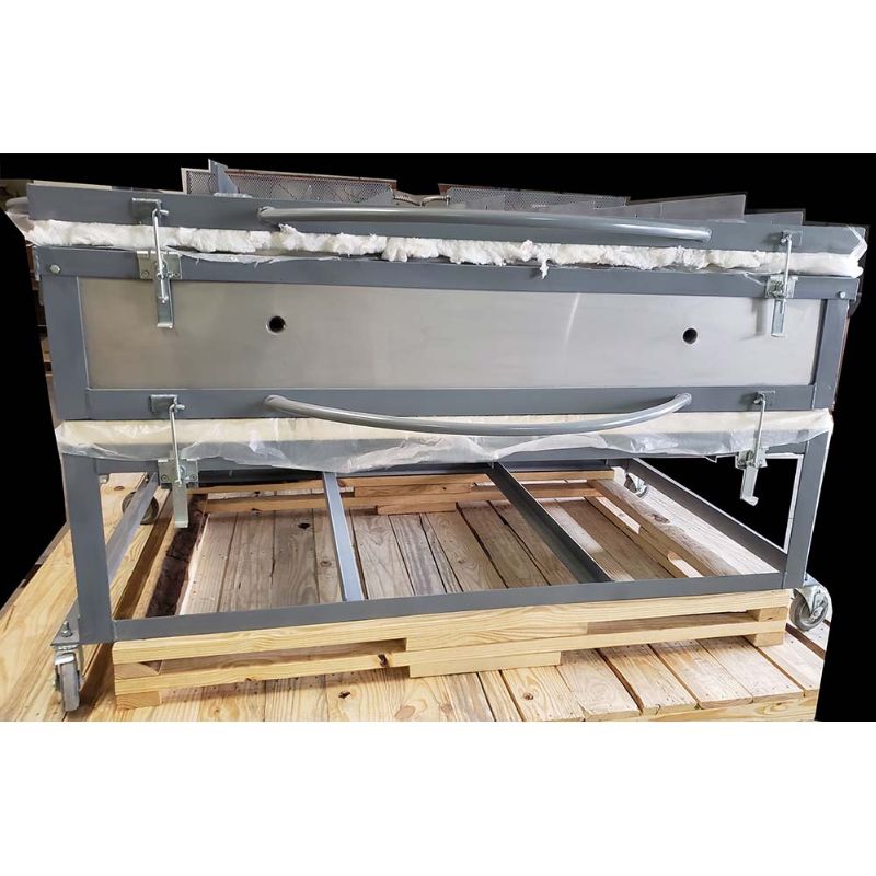 Front view of a closed, large capacity Olympic Kilns GF15E glass fusing kiln on a large metal stand on top of a wooden pallet.