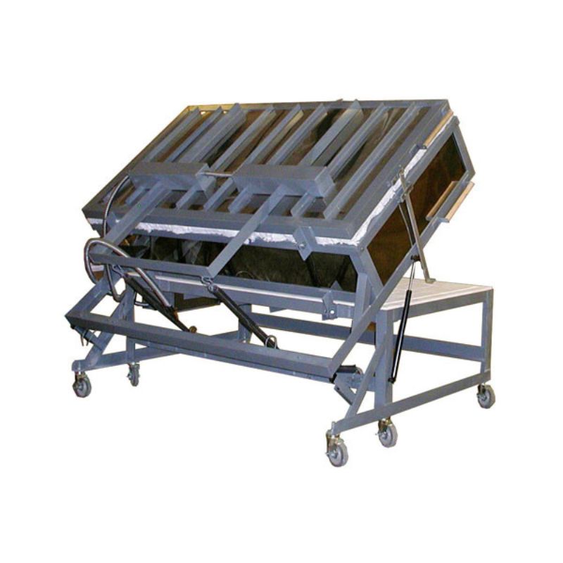Rear view of a large capacity Olympic Kilns GF17E glass fusing kiln on a large metal stand with caster wheels, with the clamshell lid opened.