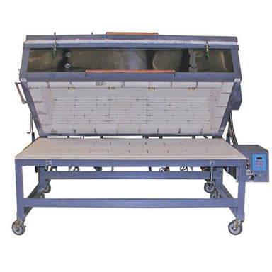 Front view of a large capacity Olympic Kilns GF17E glass fusing kiln on a large metal stand with caster wheels, with the clamshell lid opened.