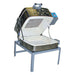 Clamshell lid open on a GF314 electric glass fusing kiln from Olympic Kilns sitting on a metal stand.