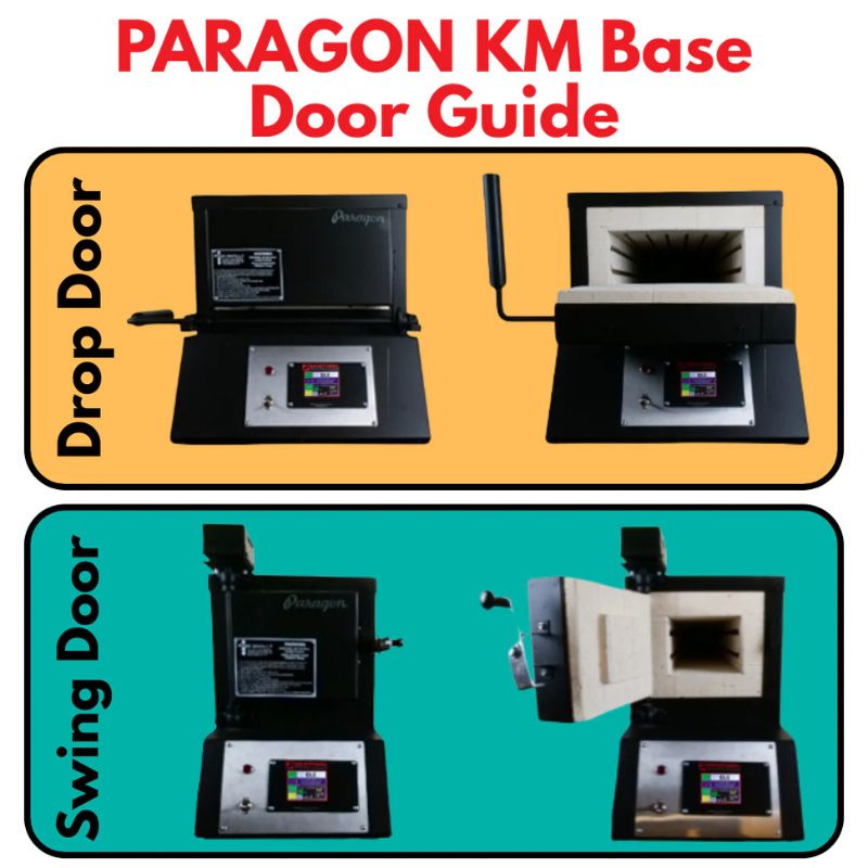 Simple double image demonstrating differences between drop door and swing door options on the Paragon KM base knife making kilns.