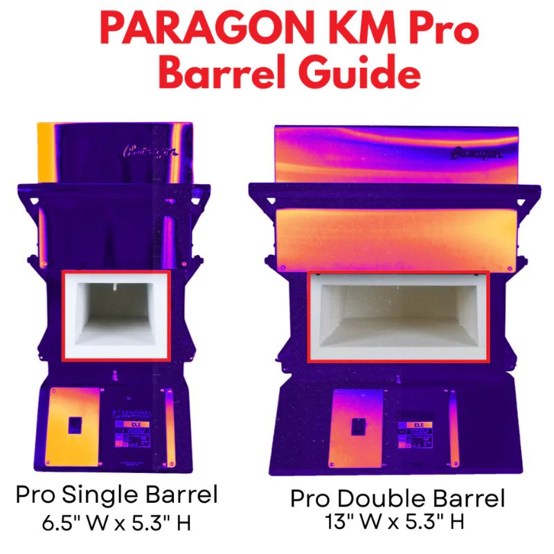 Illustrated image to demonstrate difference between Paragon's KM Pro Single and Double Barrel Knife Making Kilns.