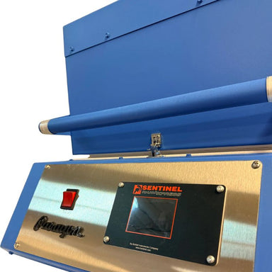 Close up view of Sentinel TouchXpress controller beneath door and handle on Paragon Blue-colored CSF12 Glass Fusing Kiln.