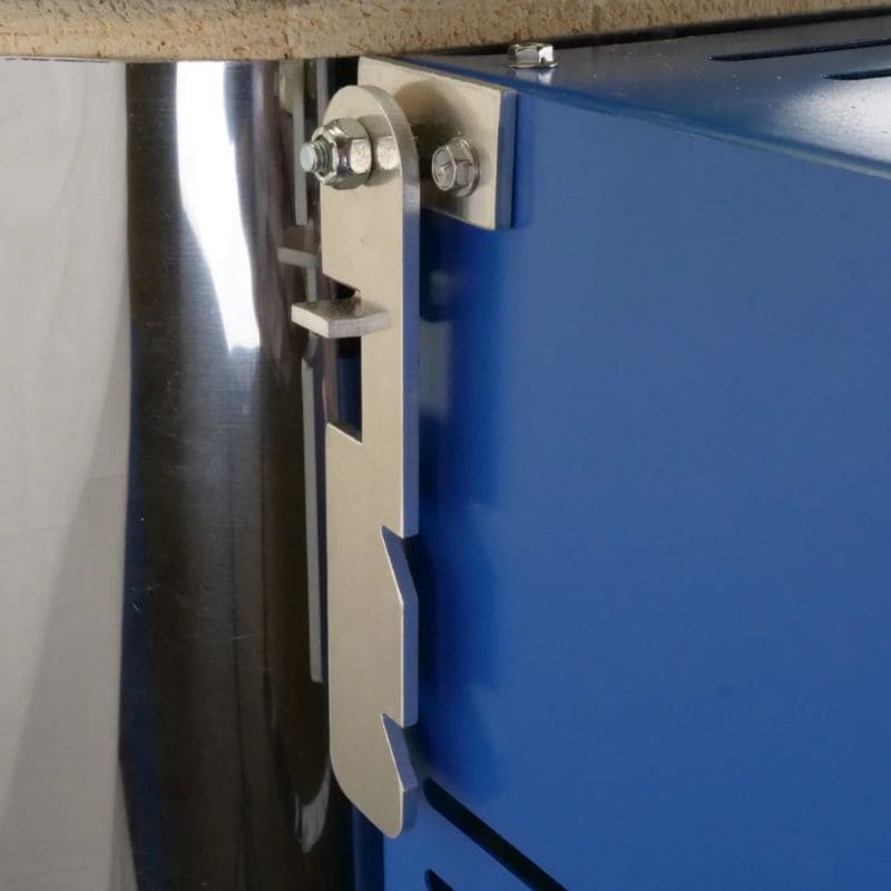 Close-up view of the lid-support mechanism that can hold the lid of this Paragon Kilns Ceramics and Pottery Kiln open in a venting position.