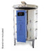 Slightly left-angled view of slightly-opened, 10-sided round-shaped CT102329 Viking ceramics and pottery kiln from Paragon with the Paragon Blue-colored electrical box with Sentinel TouchExpress digital controller right in front.