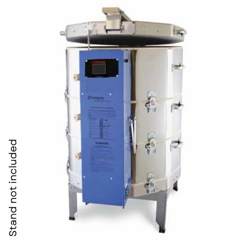 Slightly left-angled view of slightly-opened, 10-sided round-shaped CT102329 Viking ceramics and pottery kiln from Paragon with the Paragon Blue-colored electrical box with Sentinel TouchExpress digital controller right in front.