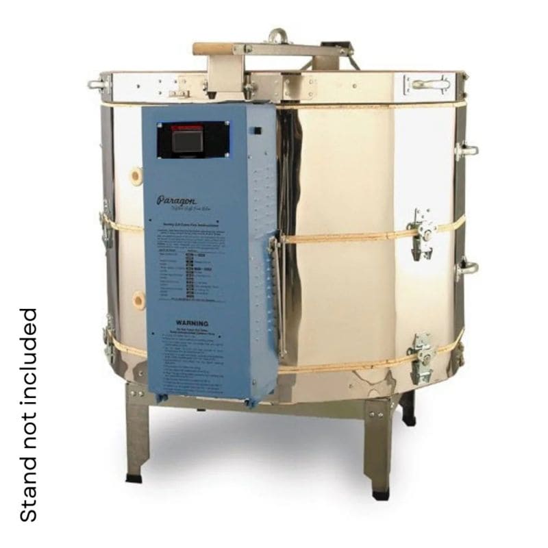 Slightly left-angled view of closed, 12-sided round-shaped CT122822 Viking ceramics and pottery kiln from Paragon with the electrical box with digital controller right in front.