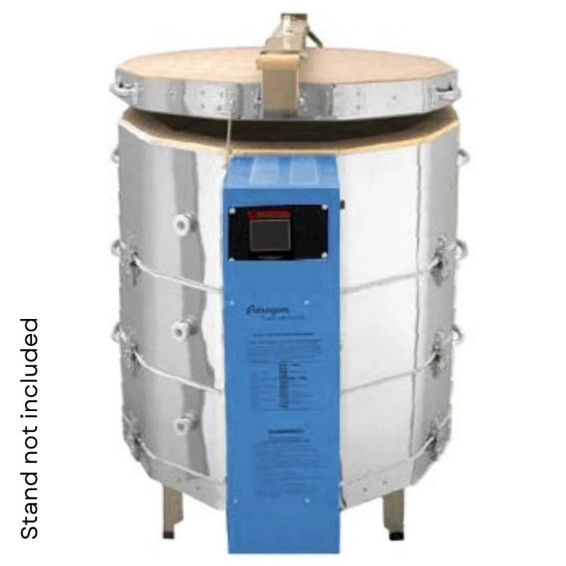 Straight-on view of slightly-opened, 12-sided round-shaped CT122829 ceramics and pottery kiln from Paragon with the Paragon Blue-colored electrical box with Sentinel TouchExpress digital controller right in front.